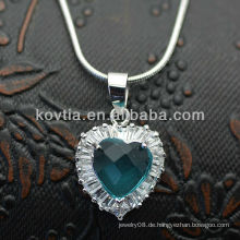 Modische 925 Silber Herz Edelstein Diamant Anhänger blau Saphir Halskette